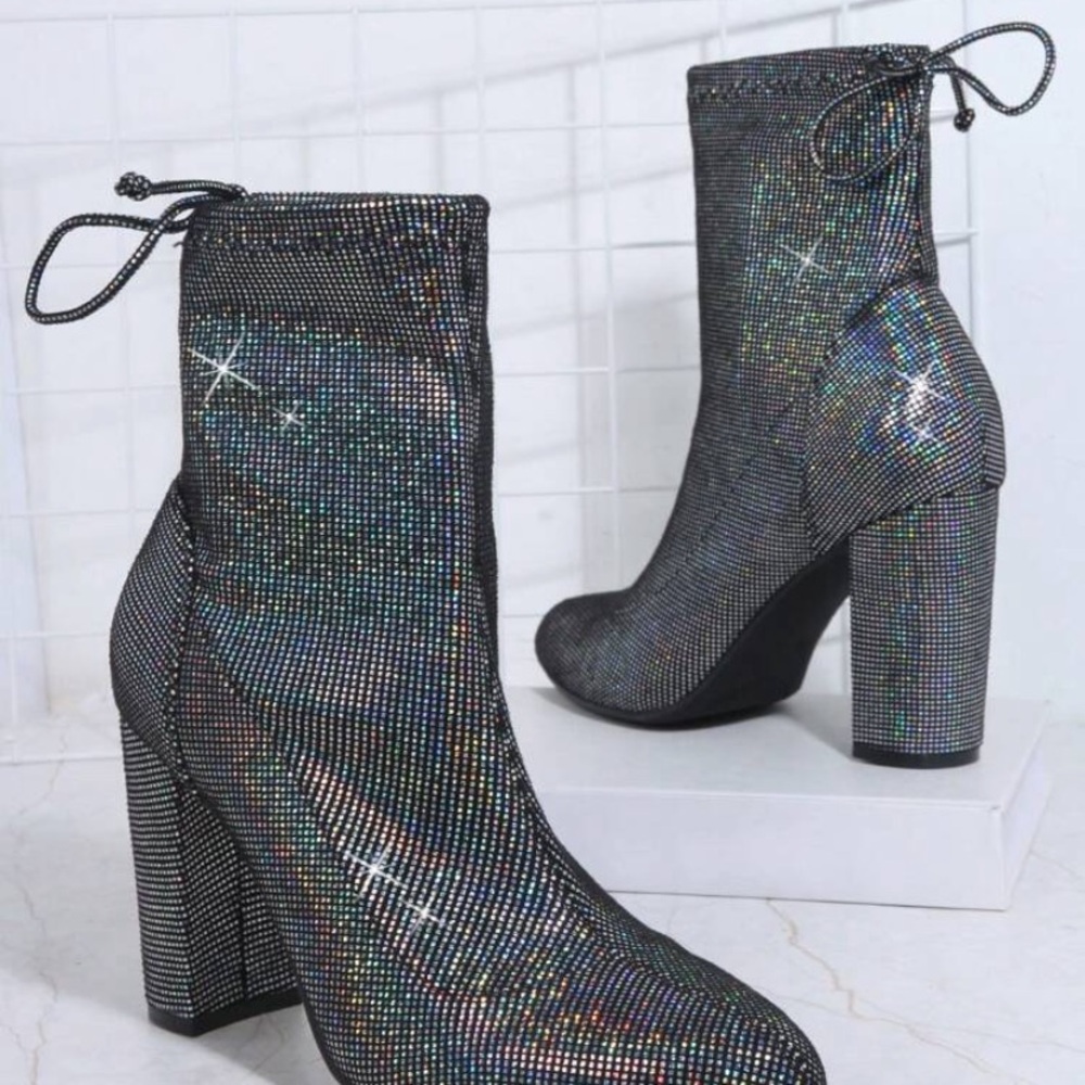 Sparkle Rhinestone Block Heel Ankle Boots - Black